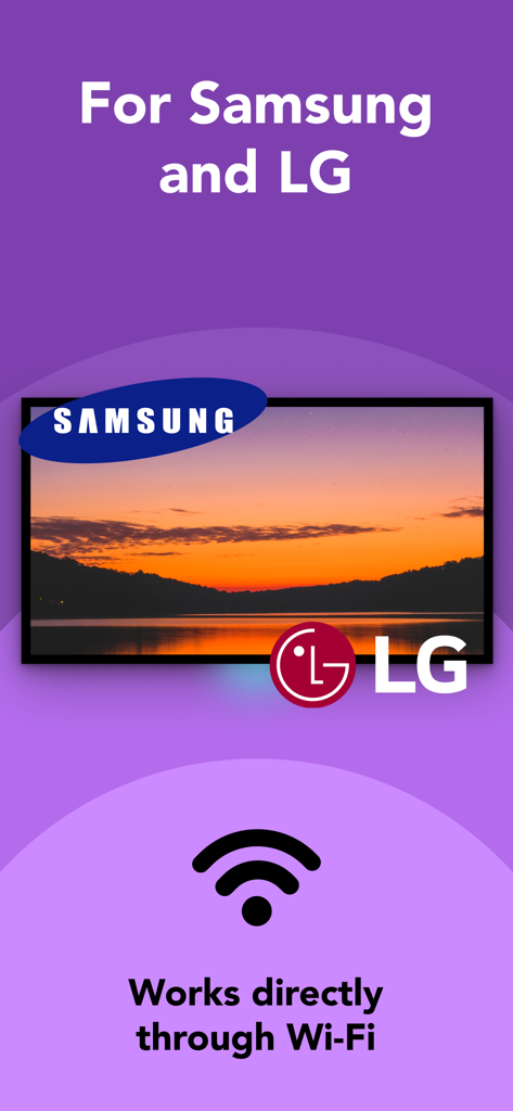 TV Remote: Universal Control ◦ - Pantalla promocional que muestra la compatibilidad de la aplicación con televisores inteligentes Samsung y LG a través de una conexión Wi-Fi.