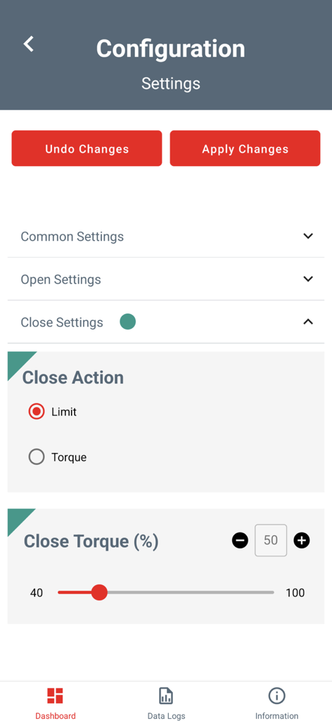 Rotork IQ3 Pro Actuator App - Interfaz de la aplicación Rotork IQ3 Pro que muestra la configuración de acciones de cierre de válvula y porcentaje de par