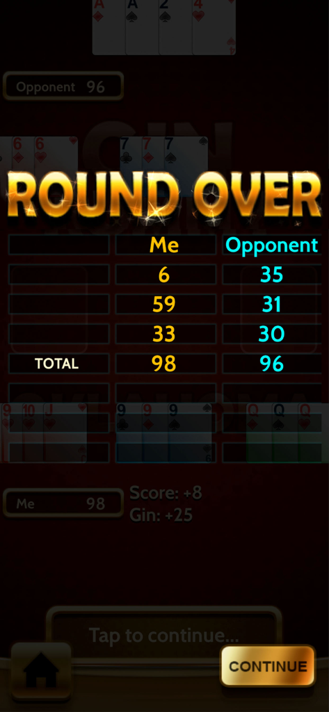 Pantalla de resultados de la partida de Gin Rummy que muestra la puntuación después de una ronda