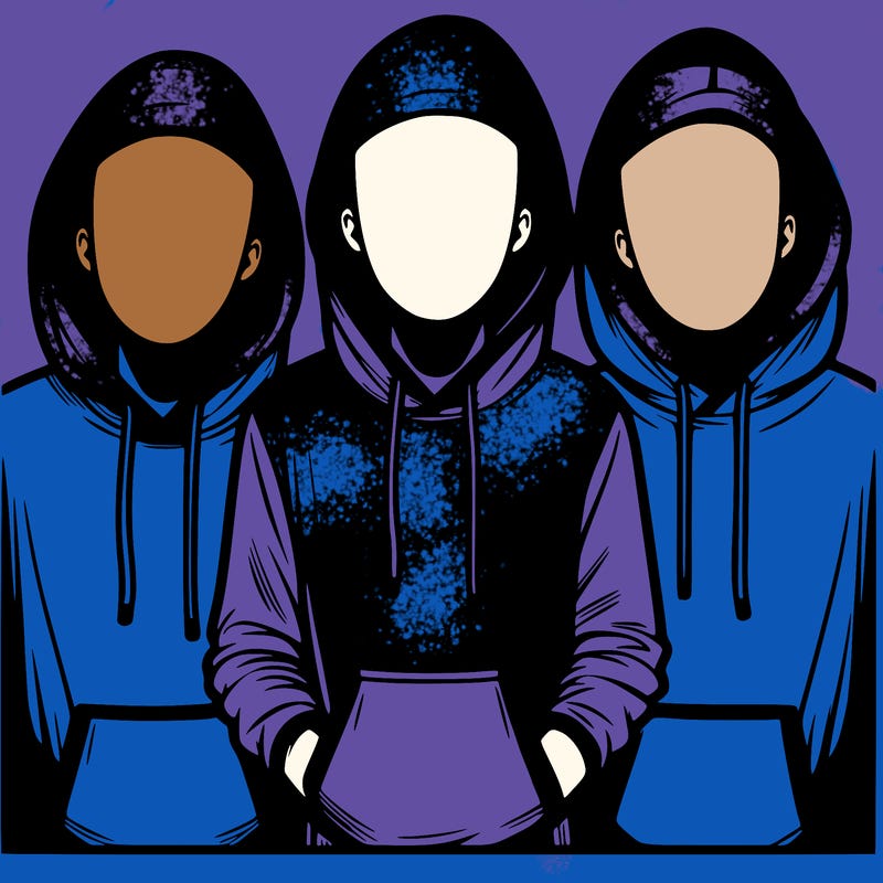 3 faceless people in  hoodies