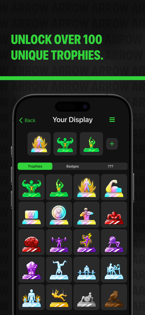 A mobile screen showing a display of unlocked digital trophies and medals in the Arrow social fitness app.