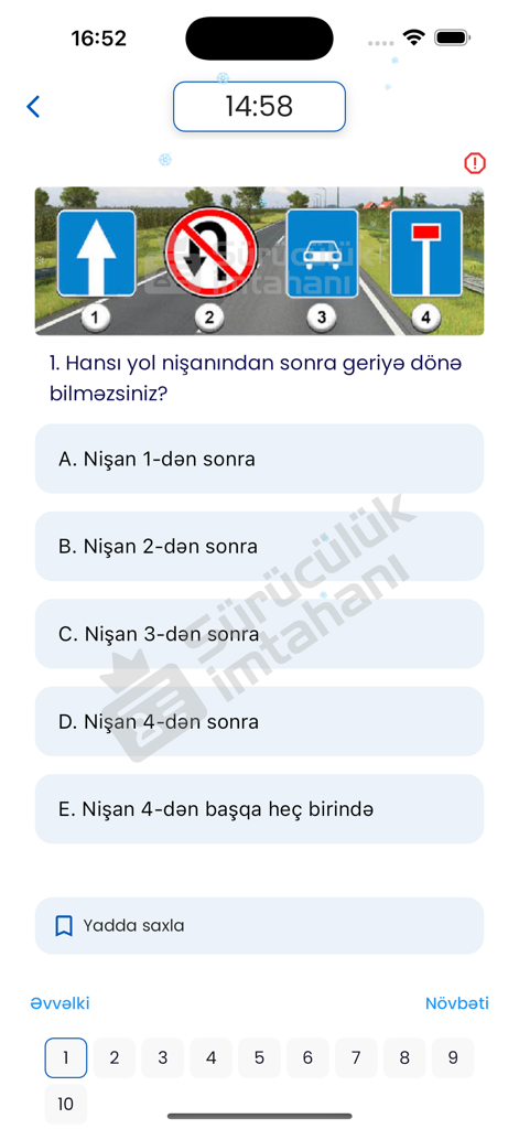 Sürücülük İmtahanı Online - A practice test screen in Azerbaijani showing a multiple-choice question about road signs with a timer