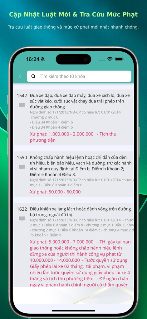 Mobile screen displaying traffic laws and fine lookup in Vietnamese for driver exam preparation