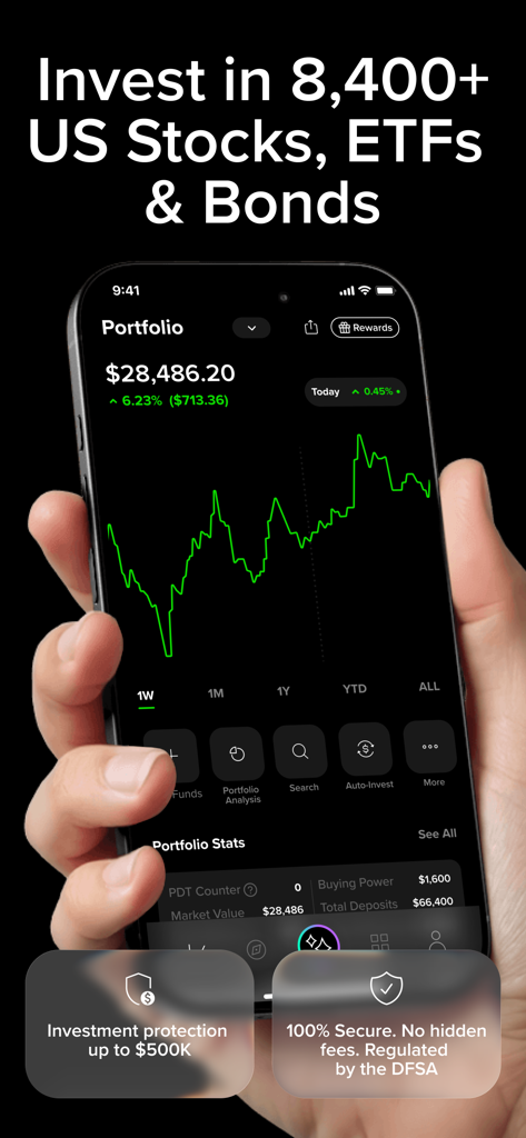 baraka: Buy US Stocks & ETFs - Baraka mobile app interface displaying a stock portfolio balance and market performance graph.