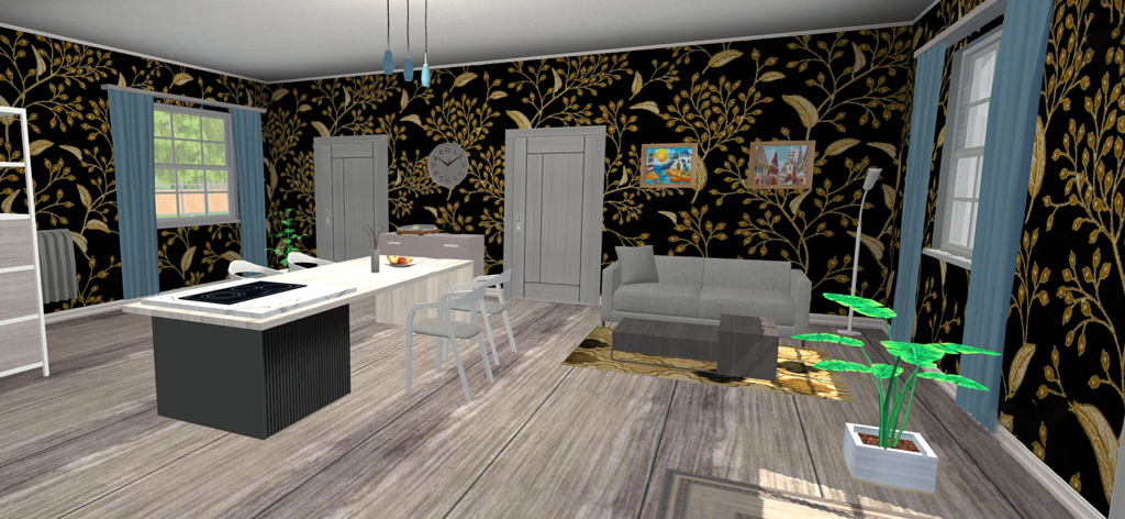 Interior design of a living room and kitchen featuring bold floral wallpaper and modern furniture in House Craft