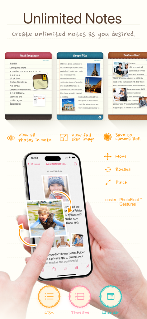 Note Lock~Lock your Tales Safe - Note Lock App-Oberfläche, die unbegrenzte Notizen und interaktive Foto-Float-Gesten auf einem iPhone zeigt