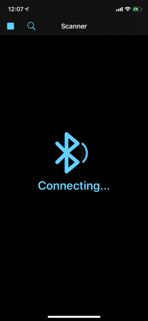 A mobile app screen showing a blue Bluetooth icon and the text Connecting under the Scanner header