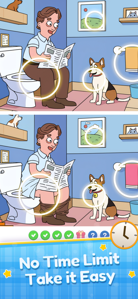 Find the Differences: Spot Fun - 남자가 욕실에 있는 차이점 찾기 퍼즐, 차이점을 강조하는 원과 시간 제한 없음 메시지