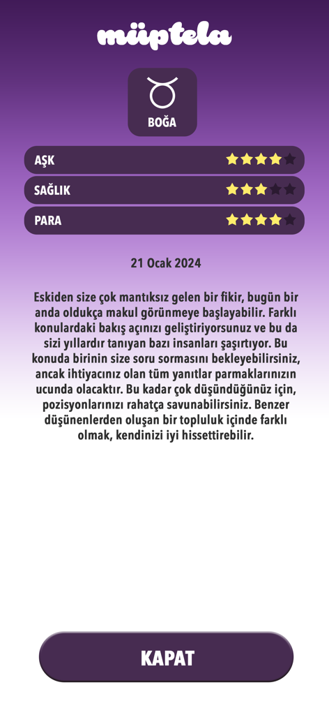 Müptela - Kahve Falı, Tarot - Muptelaアプリの牡牛座の毎日の星占い。愛、健康、お金の星評価と詳細な解説が表示されています。
