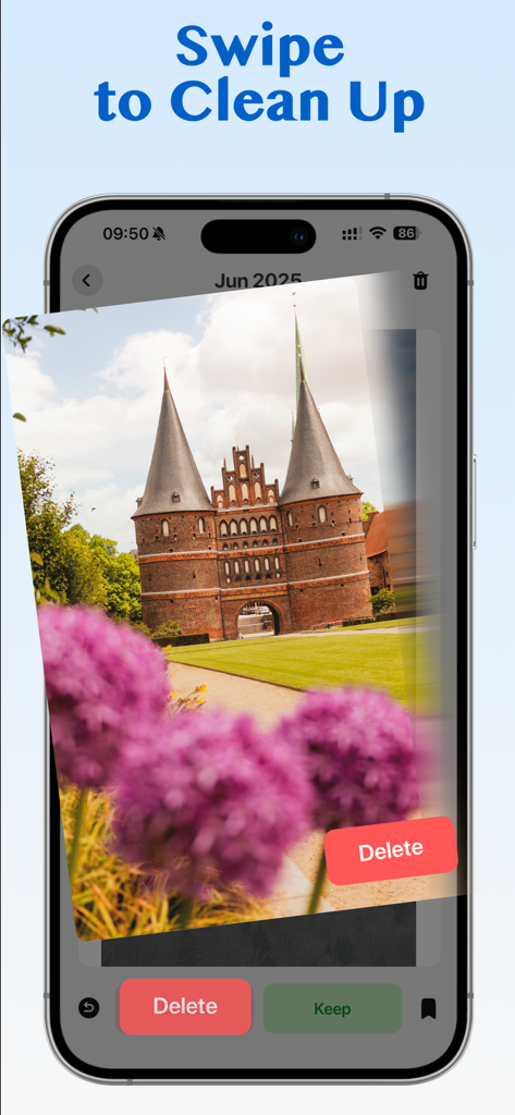 Prime Cleaner: Cleanup Storage - iPhone interface showing the swipe to clean feature in Prime Cleaner app to delete or keep photos