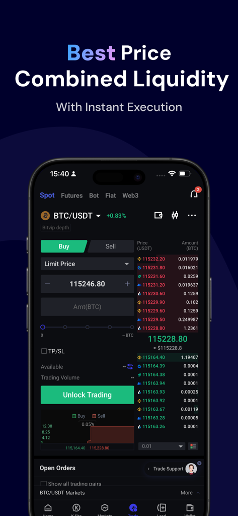 BitKan: Buy Bitcoin & Crypto - Aplicación móvil BitKan que muestra la interfaz de trading spot de Bitcoin y la liquidez del mercado