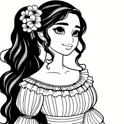 a single latina woman with a side ponytail and a long dress with ruffles. she has a few discreet flowers in her hair. realistic
