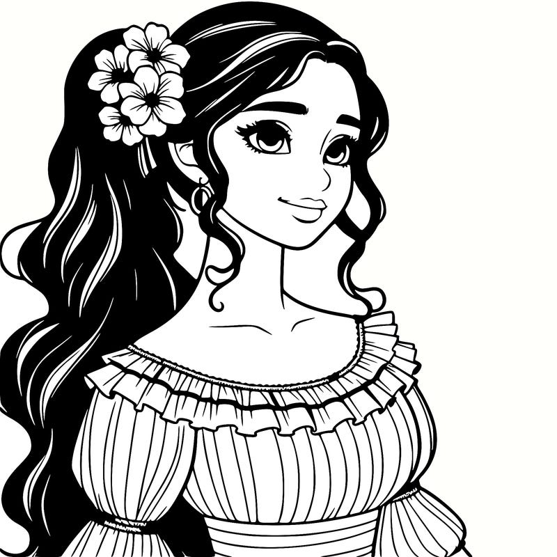 a single latina woman with a side ponytail and a long dress with ruffles. she has a few discreet flowers in her hair. realistic