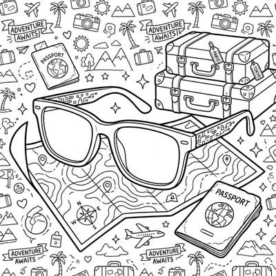 Get ready to explore the world from your screen with this unique coloring page! Featuring stylish computer glasses amidst a bustling vacation scene, it's perfect for travelers and tech enthusiasts alike.