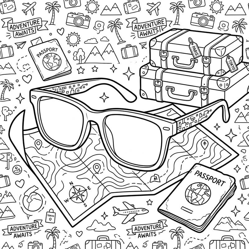 Get ready to explore the world from your screen with this unique coloring page! Featuring stylish computer glasses amidst a bustling vacation scene, it's perfect for travelers and tech enthusiasts alike.