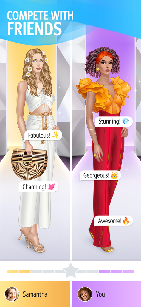 Pocket Styler: Fashion Stars - Comparación de estilos de moda lado a lado entre dos avatares en una glamurosa competición de disfraces.