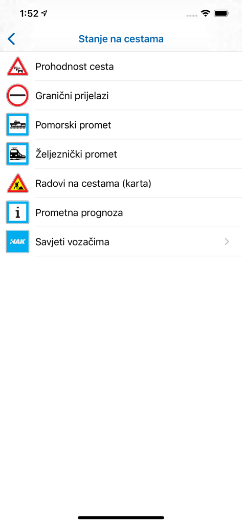 Croatia Traffic Info – HAK - Main menu of the Croatia Traffic Info app showing categories for road conditions border crossings and ferry traffic