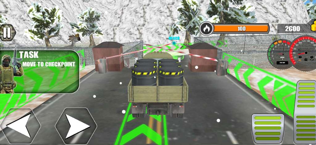 Army Truck Driver Cargo Game - A military truck carrying cargo barrels through a snowy checkpoint in a vehicle simulation game.
