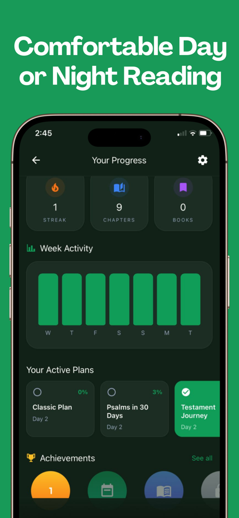The Bible in a Year – 365 Plan - Bible in a Year app progress dashboard showing reading streaks and active plans in dark mode
