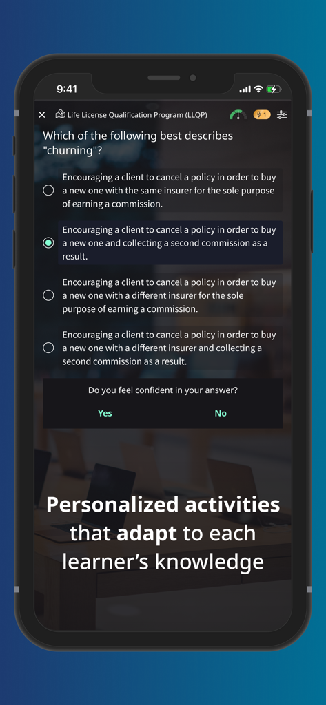 RapidPASS - RapidPASS app screenshot showing an LLQP exam quiz question with adaptive learning activities.