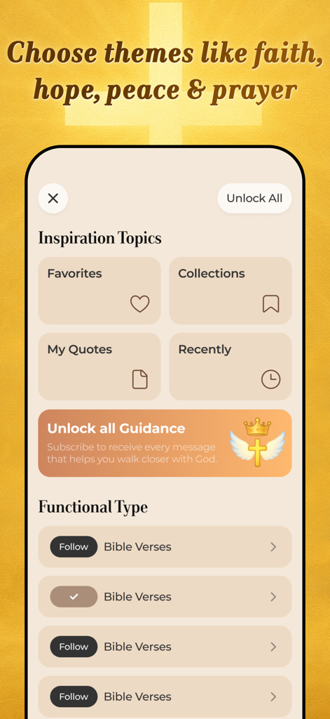 Daily Bible Verses:Home Widget - Tägliche Bibelverse App-Oberfläche mit Inspirations-Themen wie Favoriten und Sammlungen mit einem Abonnement-Banner