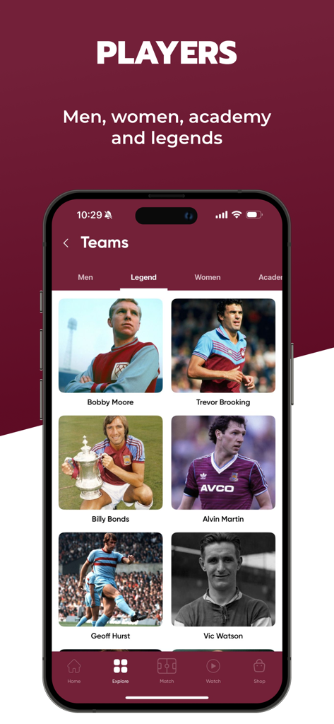 COYIrons 앱 스크린샷은 바비 무어와 제프 허스트를 포함한 웨스트햄 유나이티드 레전드 선수 갤러리를 보여줍니다.