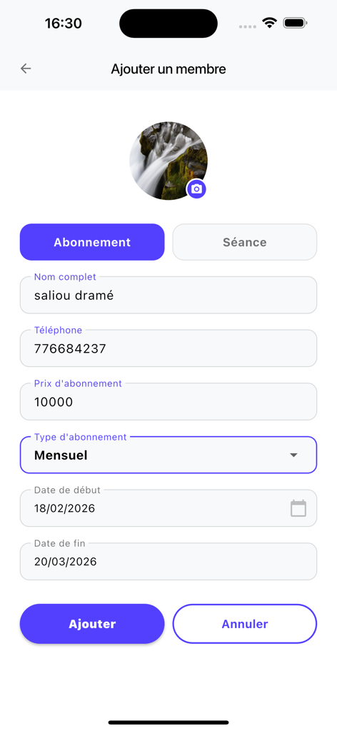 Form to add a new member and set up their subscription in the FitPoint app