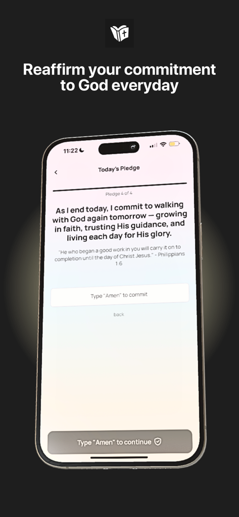 My Daily Prayer Journal - Daily pledge screen in My Daily Prayer Journal app featuring a Bible verse and a commitment prompt.