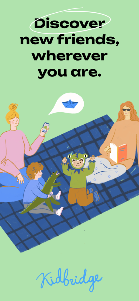 Kidbridge - Illustration of parents and children enjoying a playdate on a picnic blanket with the text Discover new friends wherever you are.