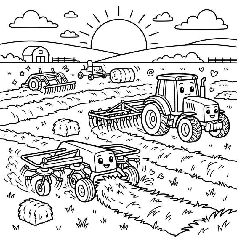 Bring the bustling farm to life with this delightful coloring page featuring friendly hay rakes and tedders. Kids will love coloring these happy farm machines working in a sunny field, ready for harvest.