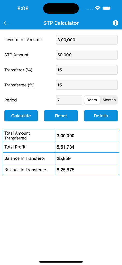 A mobile app screen featuring an STP calculator with input fields and a results summary table.