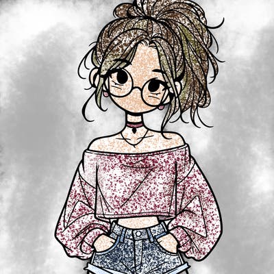 girl with a messy ponytail glasses a baggy crop top and jean shorts
