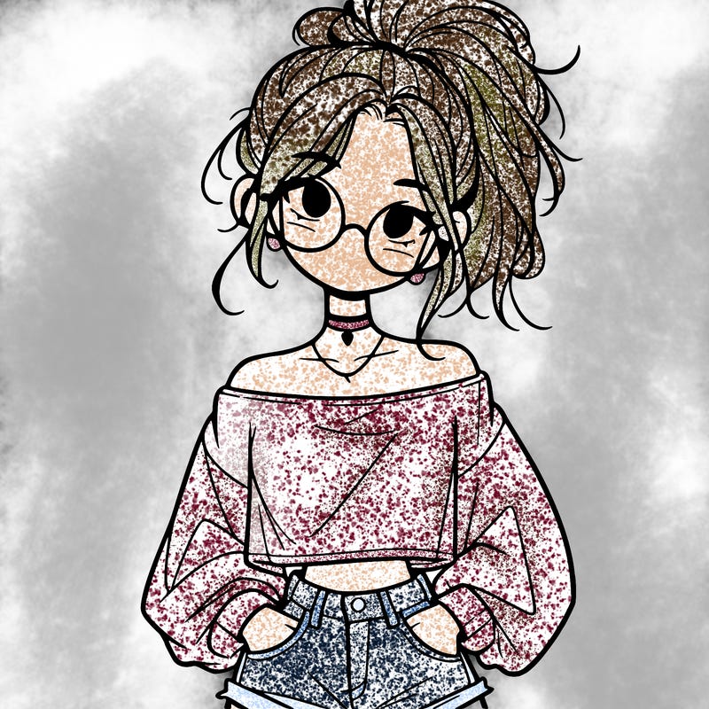 girl with a messy ponytail glasses a baggy crop top and jean shorts