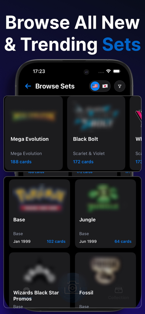 TCG Card Value Scanner: Arcane - App interface for browsing and exploring various TCG card sets including vintage and modern series.