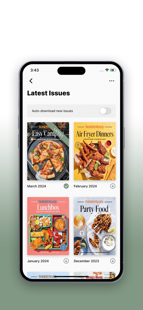 Women's Weekly Cookbooks - Latest issues section of the Womens Weekly Cookbooks app showing various digital cookbook covers like Air Fryer Dinners and Party Food.