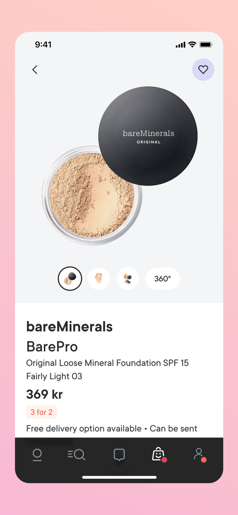 A product display page on the Lyko app for bareMinerals loose mineral foundation showing product details and price.