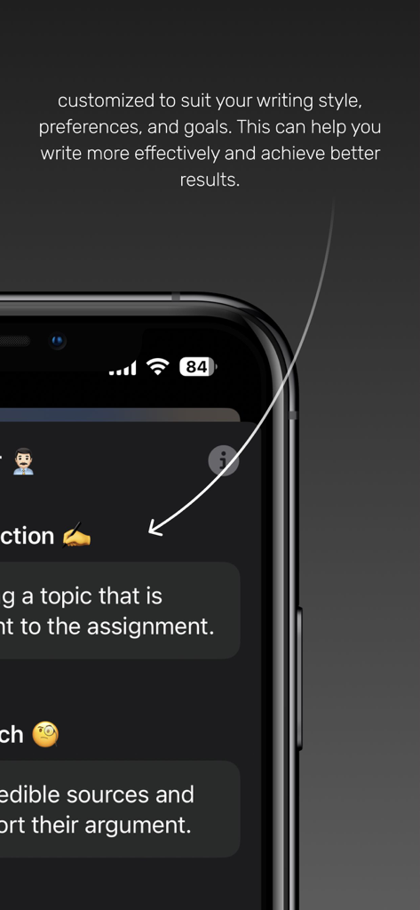 AI Essay Writer: Writing Tools - Benutzeroberfläche einer mobilen App für KI-Essay-Schreiber, die benutzerdefinierte Schreibstile und Ziele zeigt.