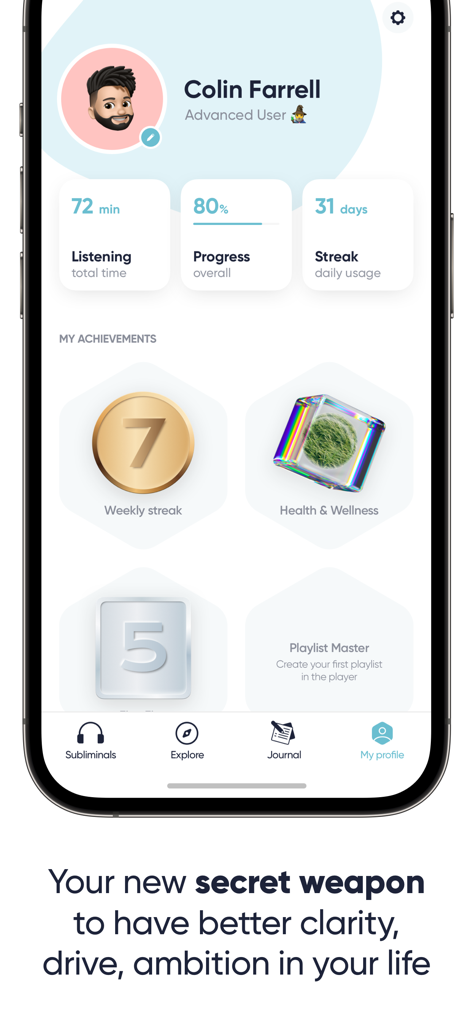 Interface do aplicativo Áudio Subliminar Poderoso mostrando o perfil de um usuário com estatísticas de audição e conquistas