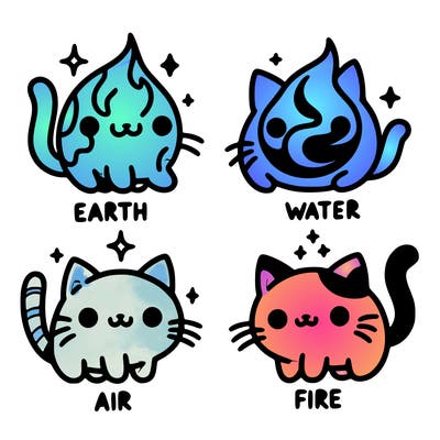 4 cats that represent the different elements, earth, water, air, and fire