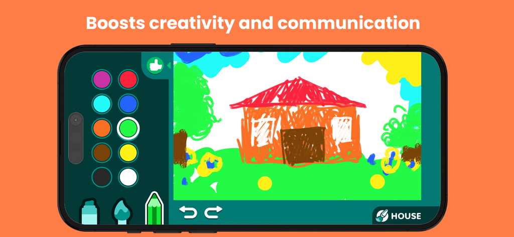 Digital painting interface in the Kokoro Kids app featuring a child's drawing of a house and a colorful palette.
