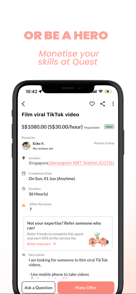 A smartphone screen displaying a TikTok video filming task in the Quest app for freelance heroes