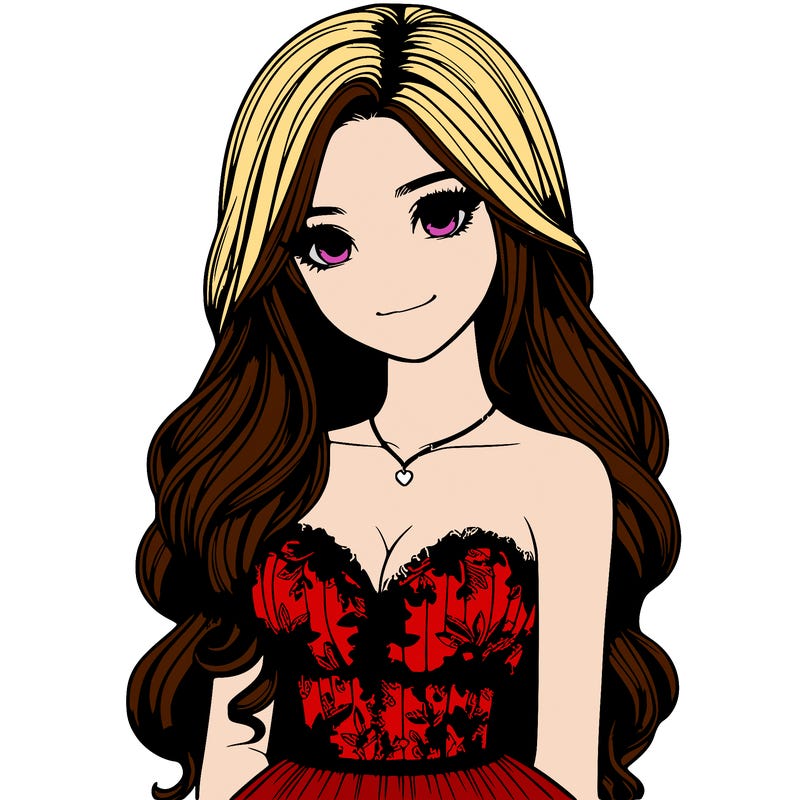 realistic girl with long hair and pretty prom dress