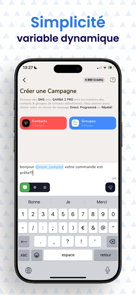 Interface do Mon SMS PRO para criação de uma campanha SMS profissional com variáveis dinâmicas e seleção de contatos