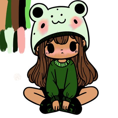 a girl wearing a frog hat and some frog socks
