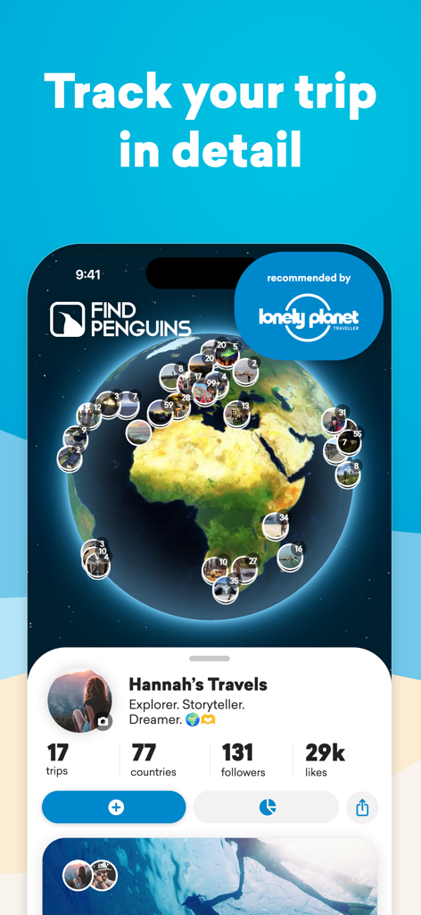 FindPenguins app interface featuring a 3D interactive globe with trip pins and travel profile statistics