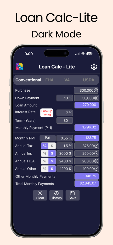 Loan Calc-Lite - Interfaz de la aplicación de calculadora hipotecaria Loan Calc-Lite en modo oscuro