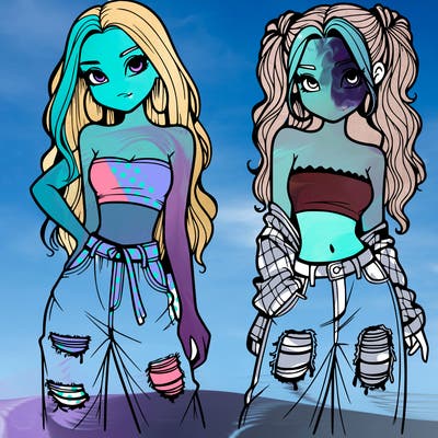 2 girls in crop tops and baggy jeans ripped