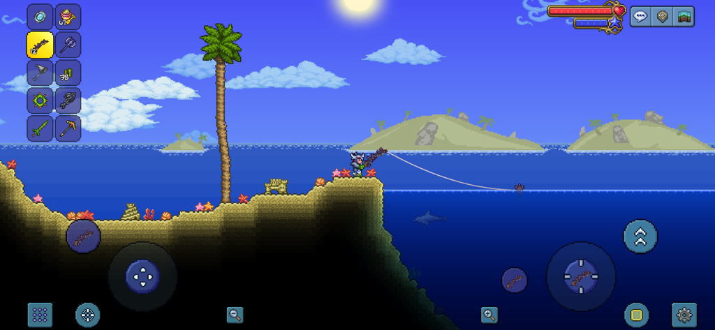 Un personaje pescando en una playa tropical en Terraria móvil.