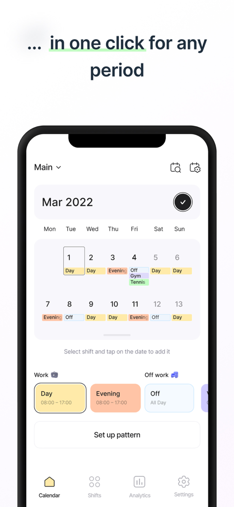 Shift Work Calendar & Schedule - A mobile app screen showing a monthly shift work calendar with color coded work patterns and personal events