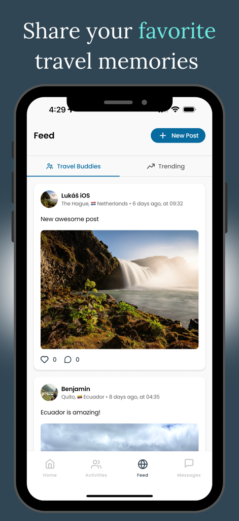 Joy Plus: Find travel friends - Smartphone screen showing the Joy Plus travel app social feed with user posts and scenic travel photos.